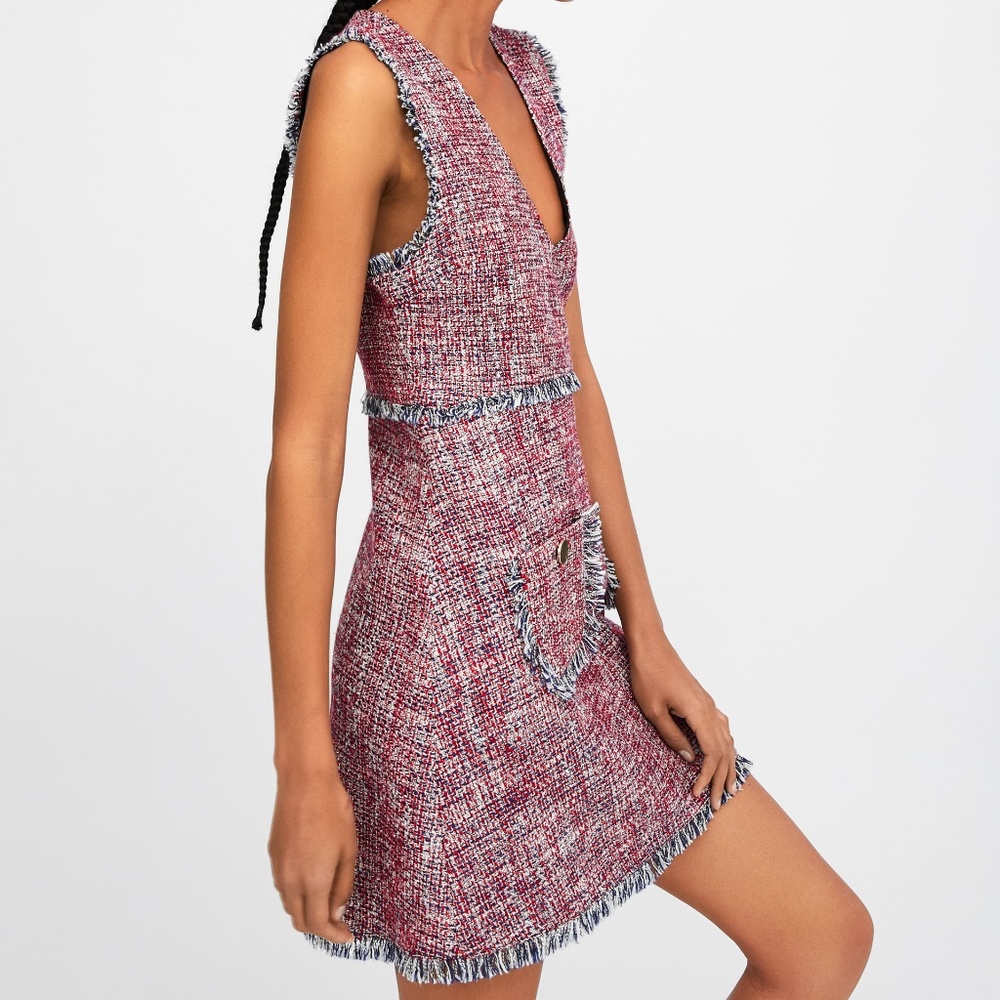 Zara Tweed Dress Red V Neck - Picture 2 of 7